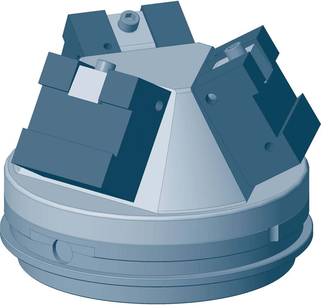 Drei Rohteilspanner RS auf einer Pyramide