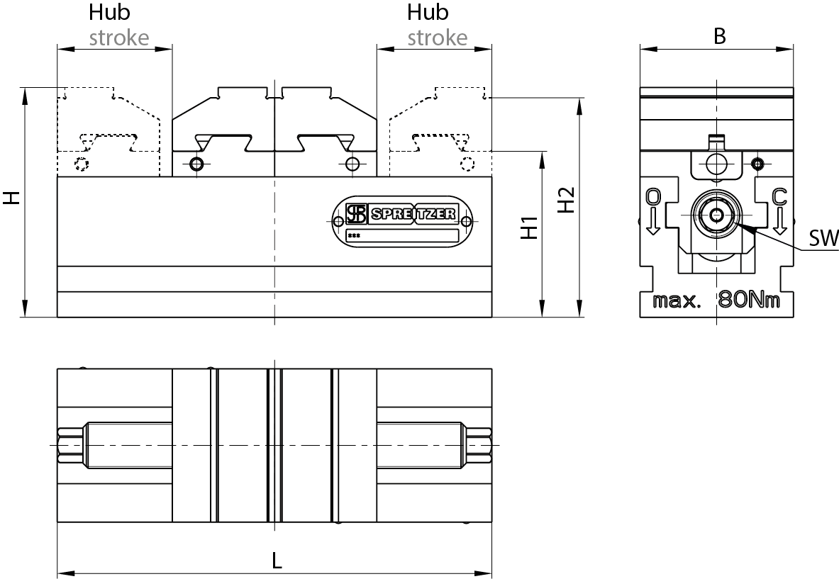 Maße mechanischer Zentrischspanner MZQ